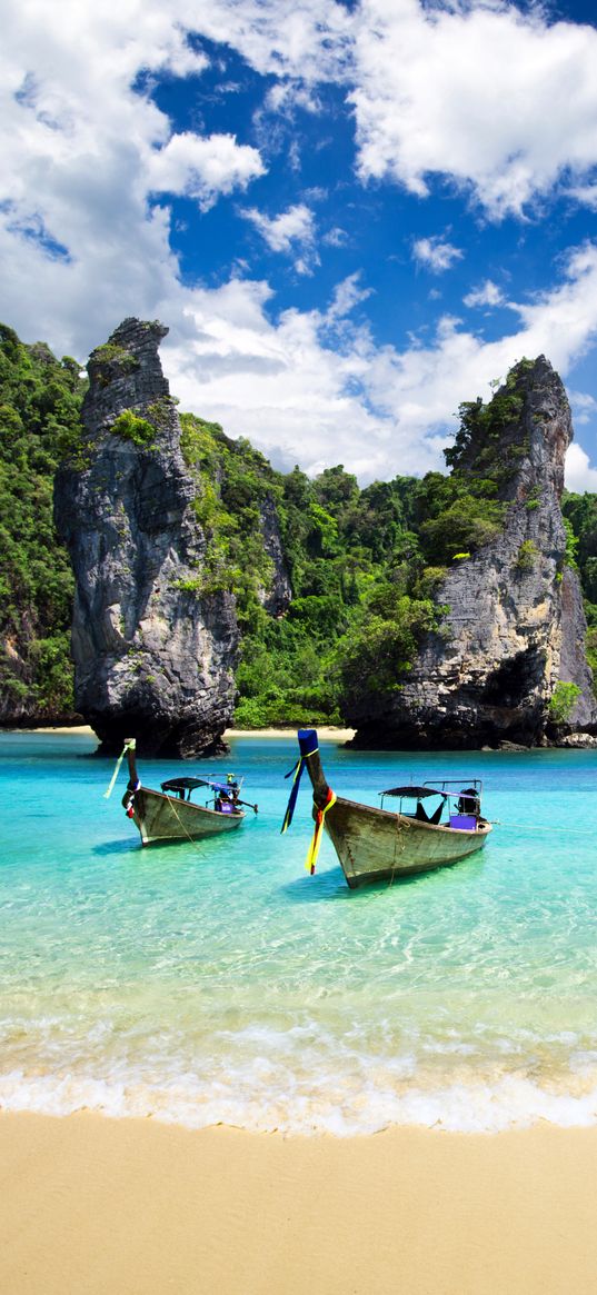 ocean, boat, beach, rocks, trees