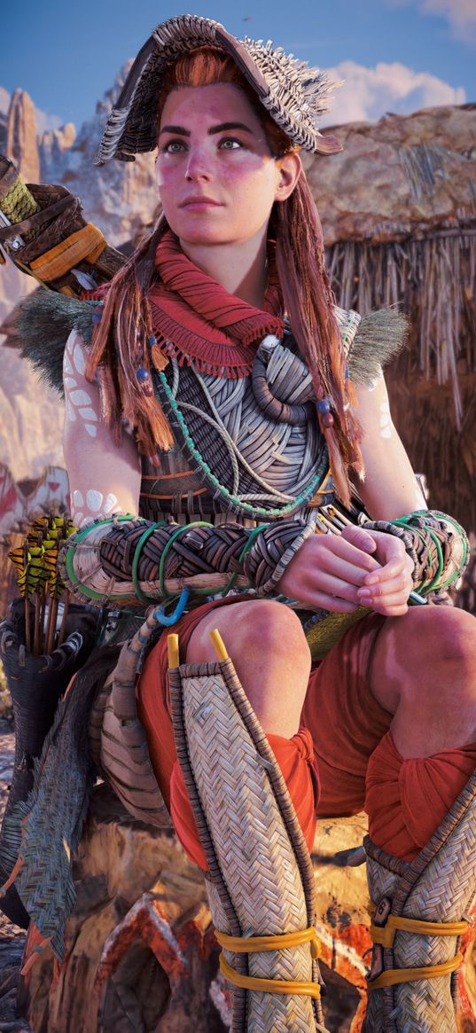 eloy, character, horizon zero dawn, game, girl, warrior, hut