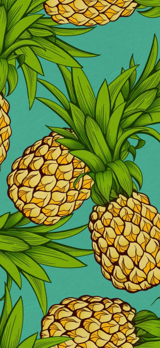 pineapple, fruit, blue background, drawing, art, texture, abstraction