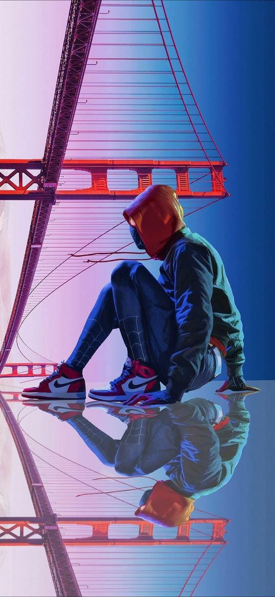 spiderman, spider-man, miles morales, marvel, bridge, reflection, digital art