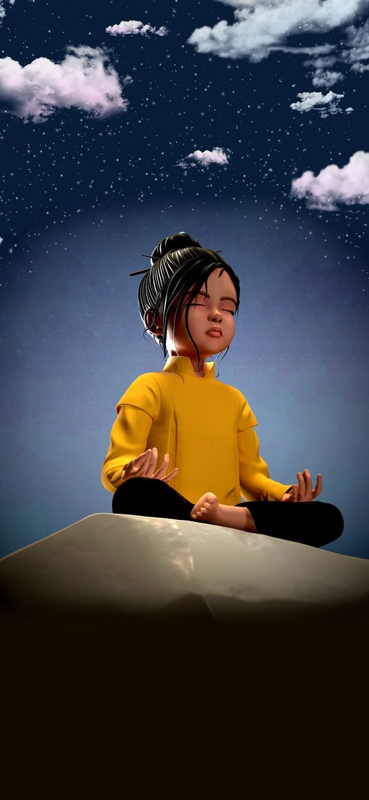 girl, meditation, lotus pose, sky, clouds, digital art