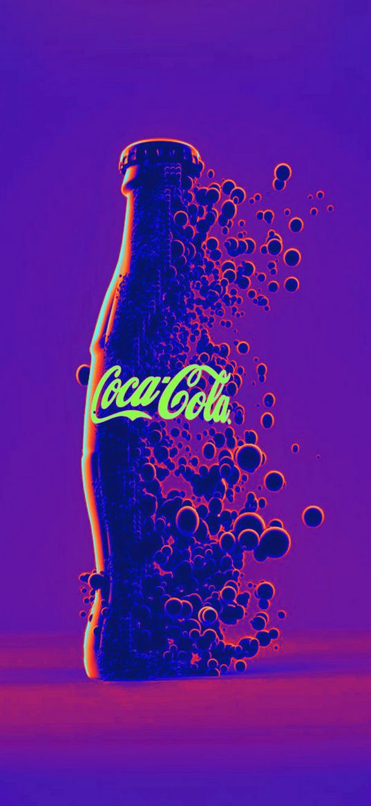 coca-cola, bottle, soda, bubbles, purple, digital art