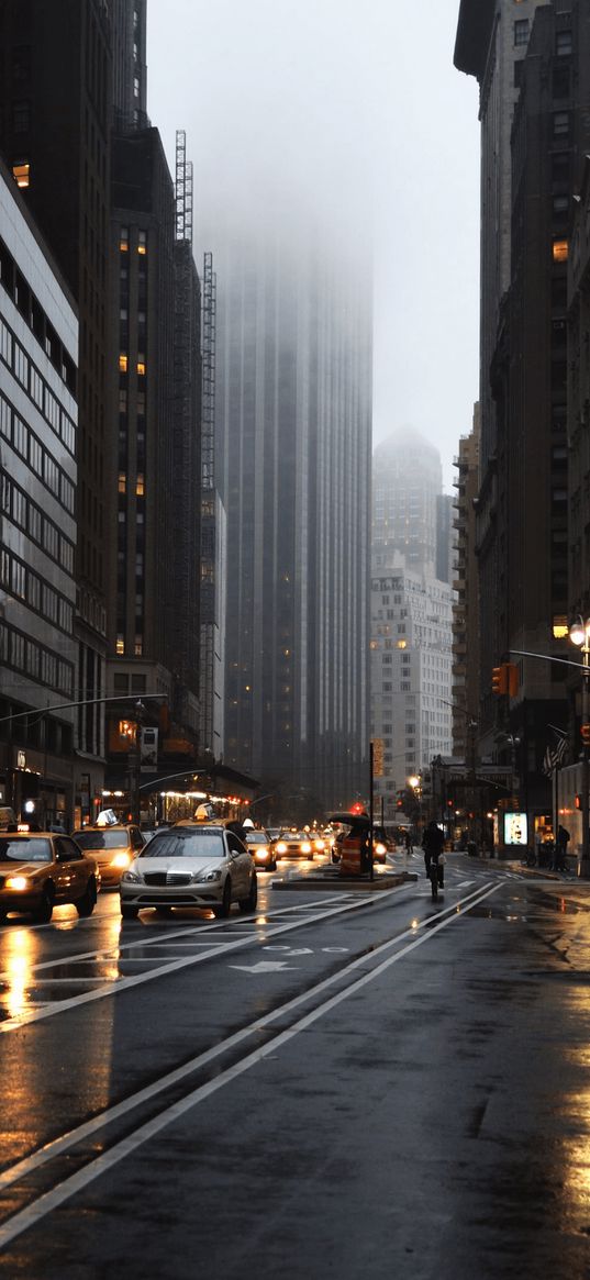 new york, street, cars, traffic, city, dark, cloudy