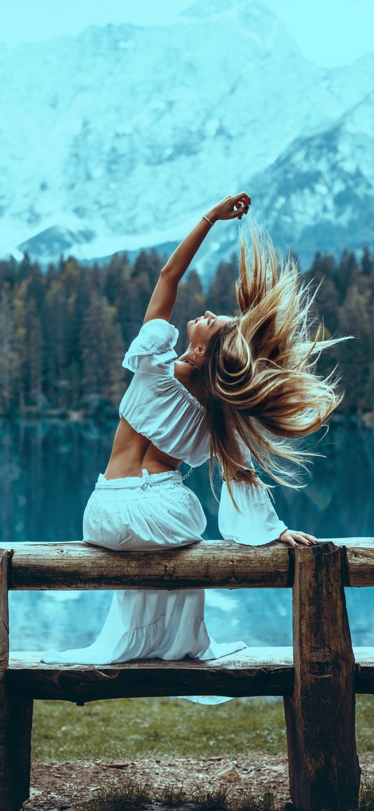 girl, white hair, lake, forest, mountains