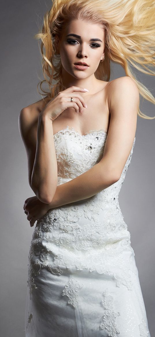 girl, white hair, white dress, wedding dress