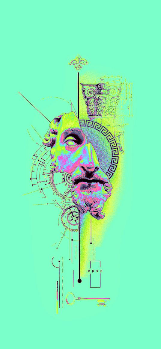 face, statue, signs, ornament, turquoise background