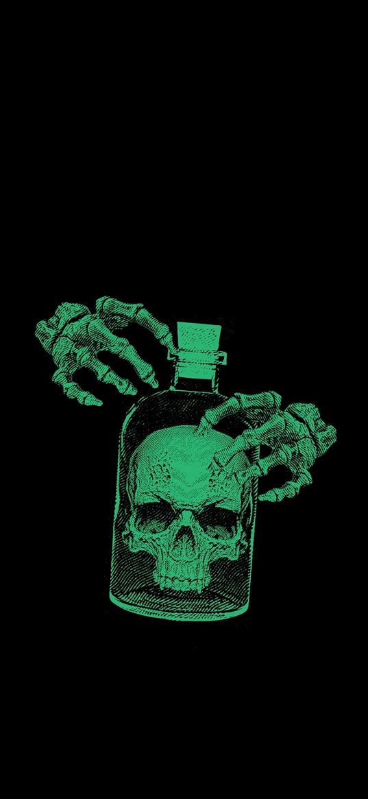 skull, bottle, green, death, dark, black background