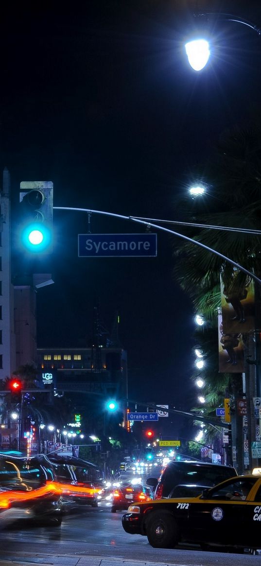 city, street, cars, traffic lights, light, night