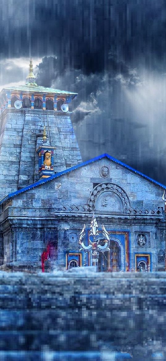 shiva, kedarnath temple, temple, himalayas, rain