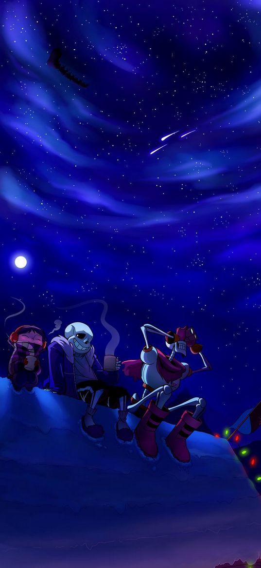 skeletons, girl, stargazing, art, cute, night