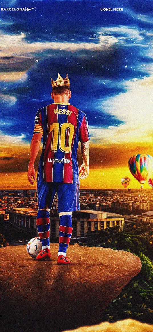 messi, football player, crown, top, balloons, city, horizon, sunset