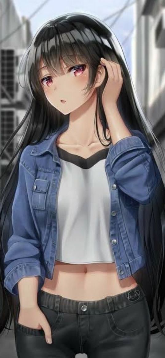 brunette, girl, anime, long hair, jacket, street, art