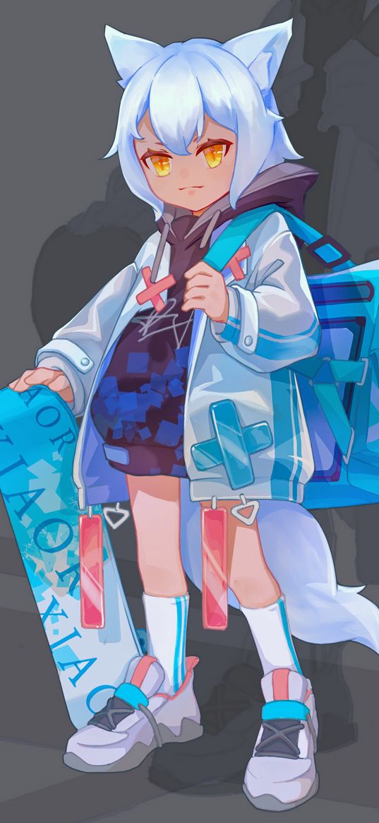 girl, neko, hood, backpack, anime