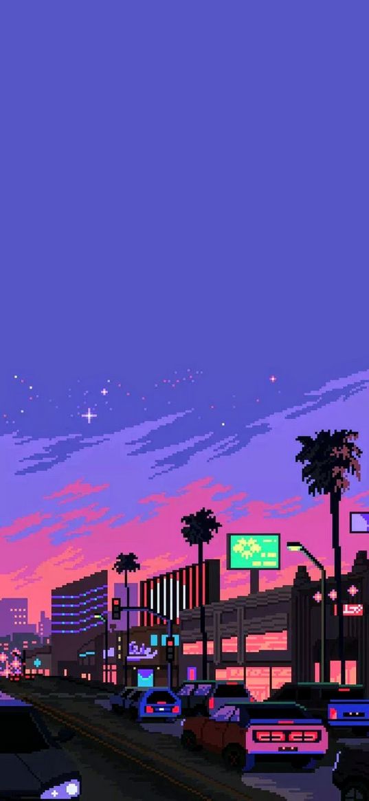 pixel background, purple, street, cars, city