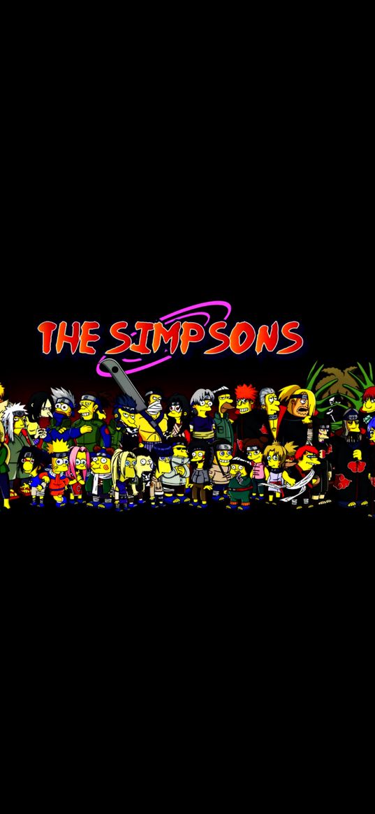 the simpsons, characters, inscription, black background, minimalism, digital art