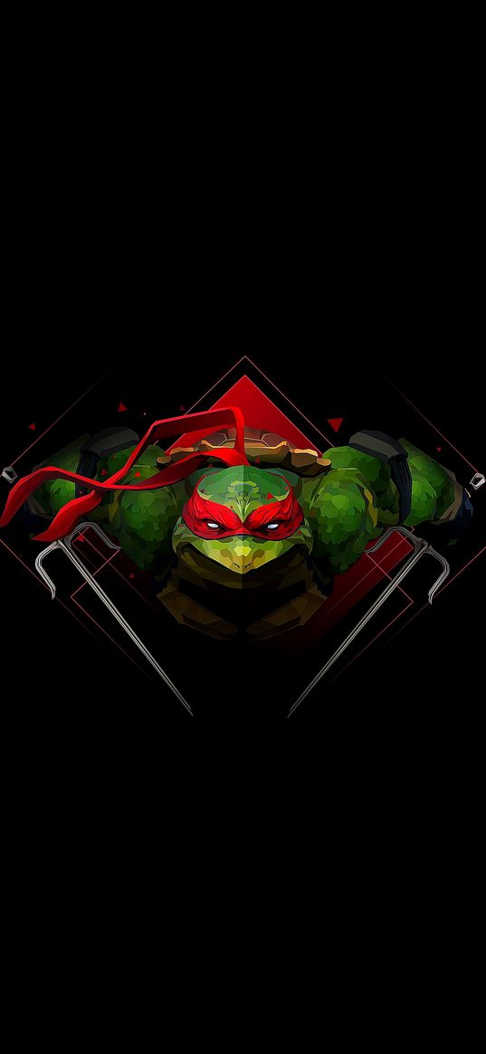 turtle, ninja, raphael, swords, character, black background, digital art