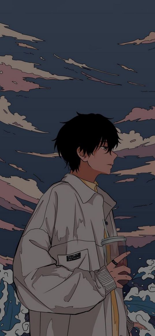 guy, anime, art, brunette, clouds, drink