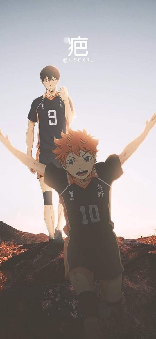 haikyuu, hinata, kageyama, field, nature, anime, art