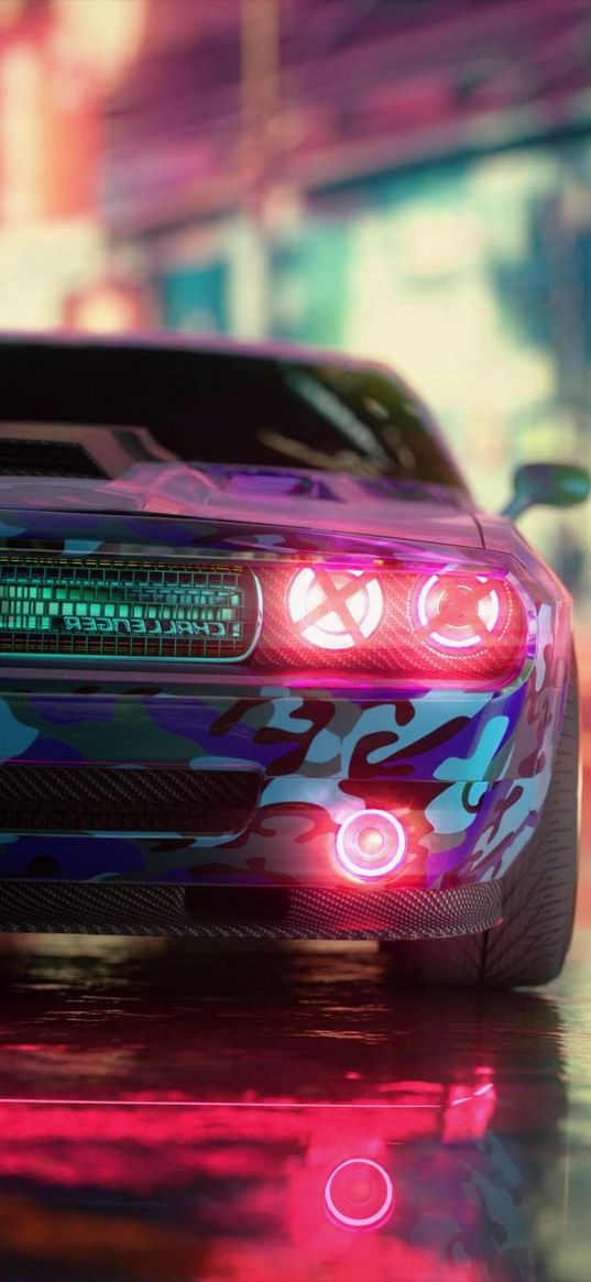 dodge, dodge challenger, auto, tuning, headlights, light, reflection, blur, camouflage