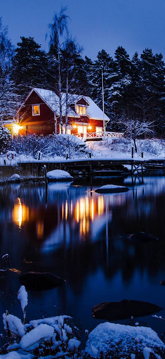 house, hut, forest, lake, reflection, light, winter, snow