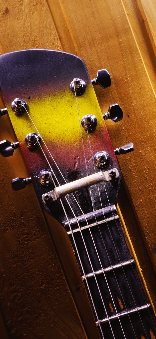 guitar, strings, fretboard, music, wood, purple, yellow