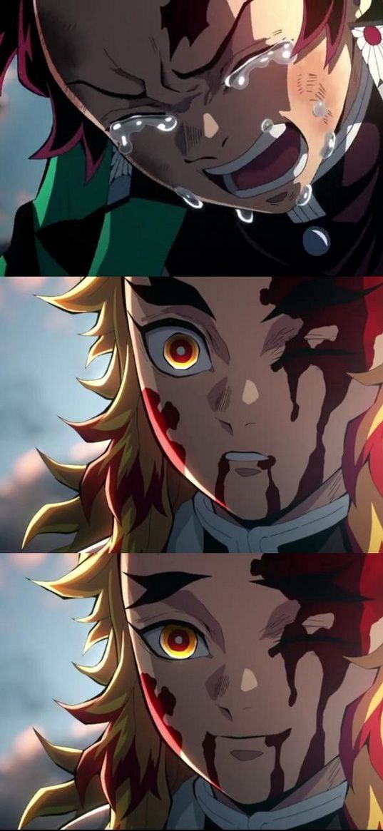 tanjiro kamado, rengoku kejuro, demon slayer, anime, characters, tears, emotions, art