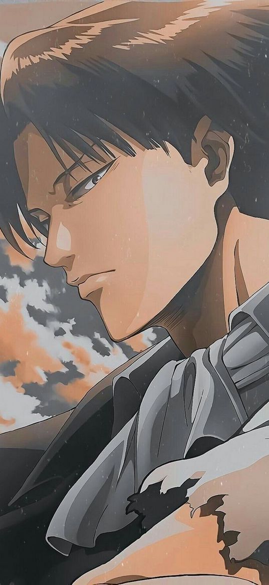 levi ackerman, attack on titan, anime, guy, handkerchief, clouds, art