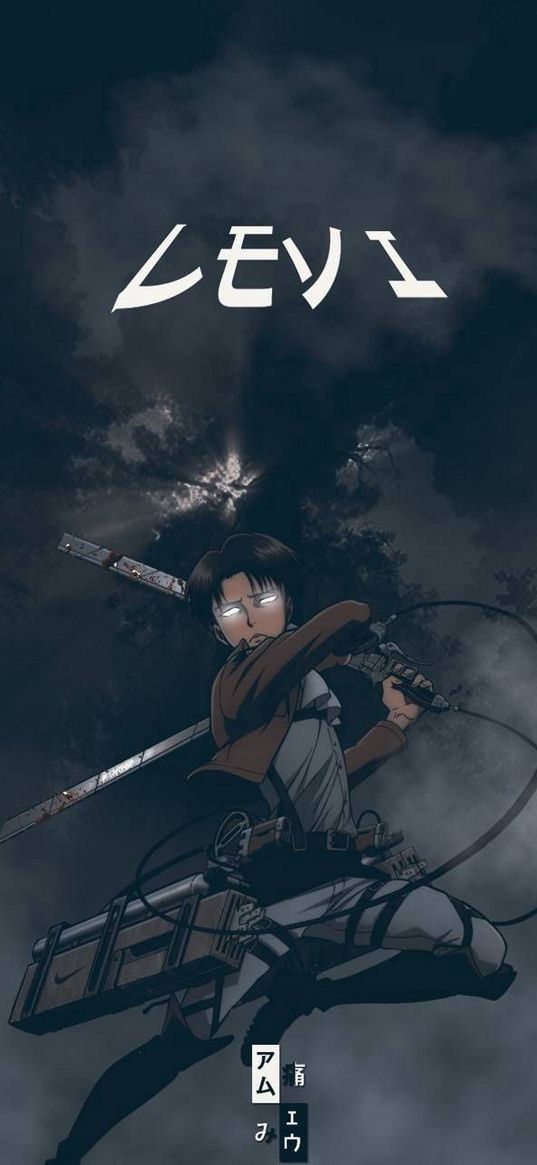 levi ackerman, attack on titan, anime, guy, jump, swords, clouds, forest, rays, art