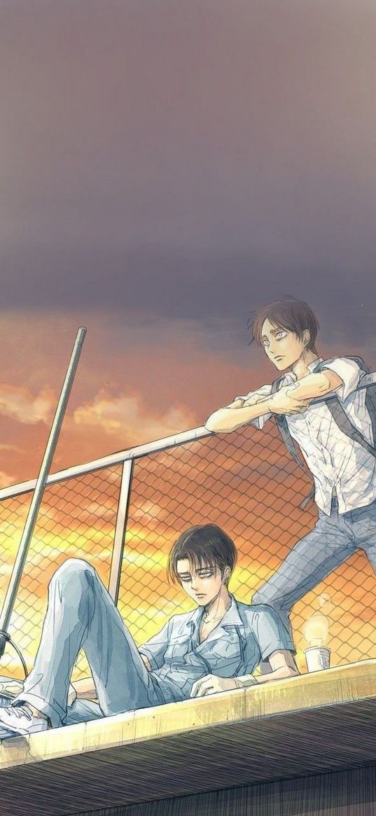 levi ackerman, eren yeager, attack on titan, anime, guys, fence, sunset, art