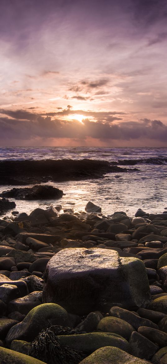 coast, sea, stones, sunrise, landscape