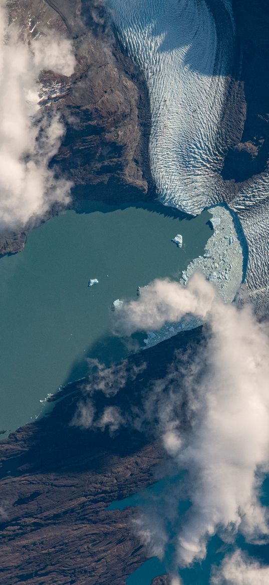 glacier, rocks, clouds, aerial view, terrain