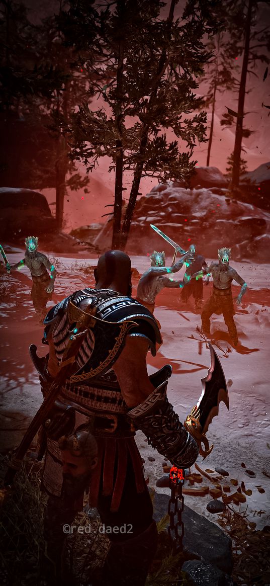 kratos, god of war, video game, warrior, sword, enemies, forest, screenshot