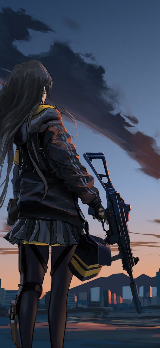 girl, machine gun, weapon, skirt, city, sunset, anime, art