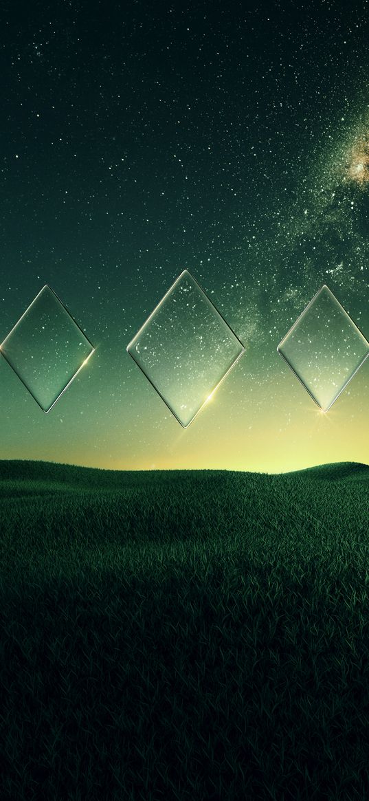 sky, green plain, stars, tree, night, rhombus