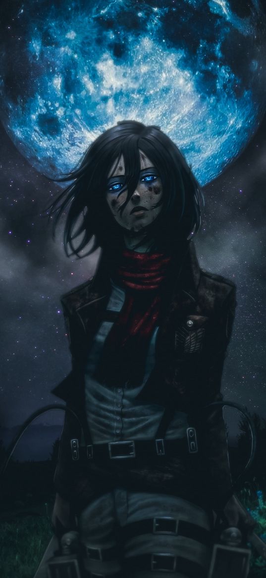 mikasa, character, attack on titan, anime, manga, blue moon, blue eyes