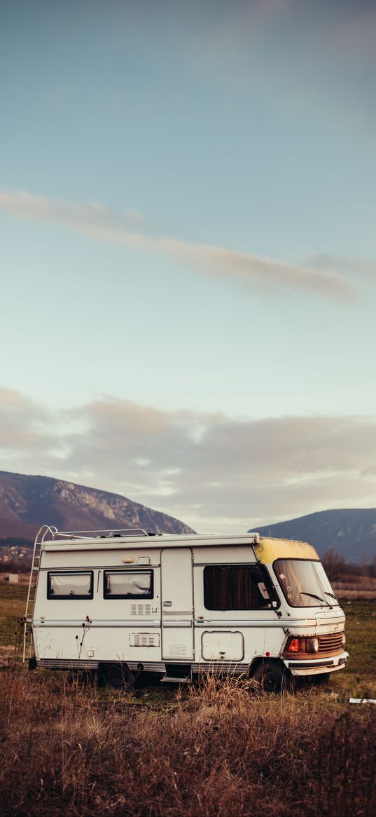 caravan, car, white, mountains