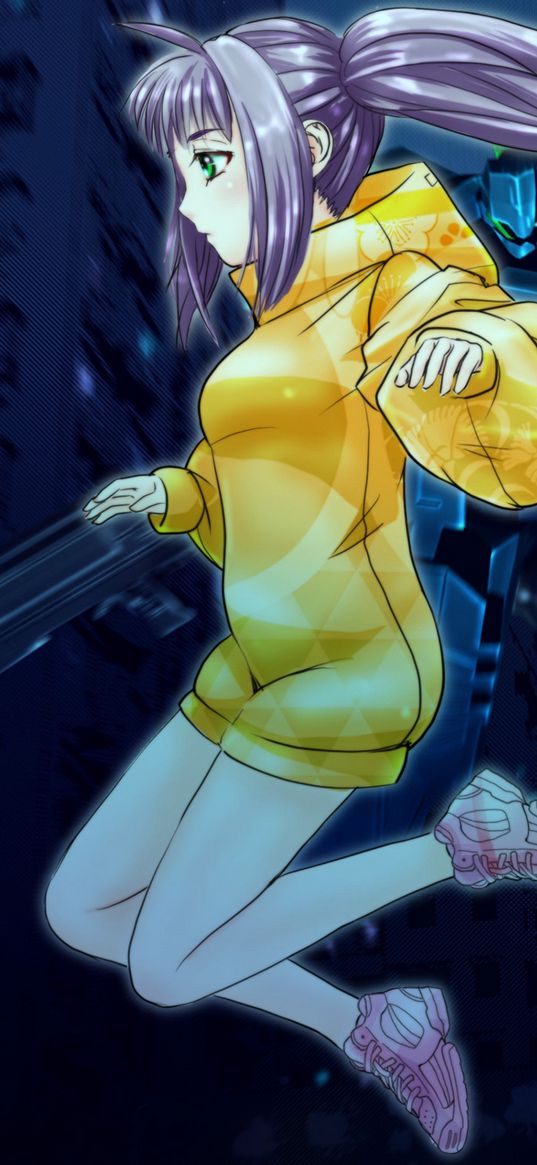 girl, hoodie, anime, yellow, purple