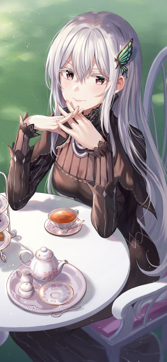 echidna, re zero, anime, girl, table, tea, dress, art