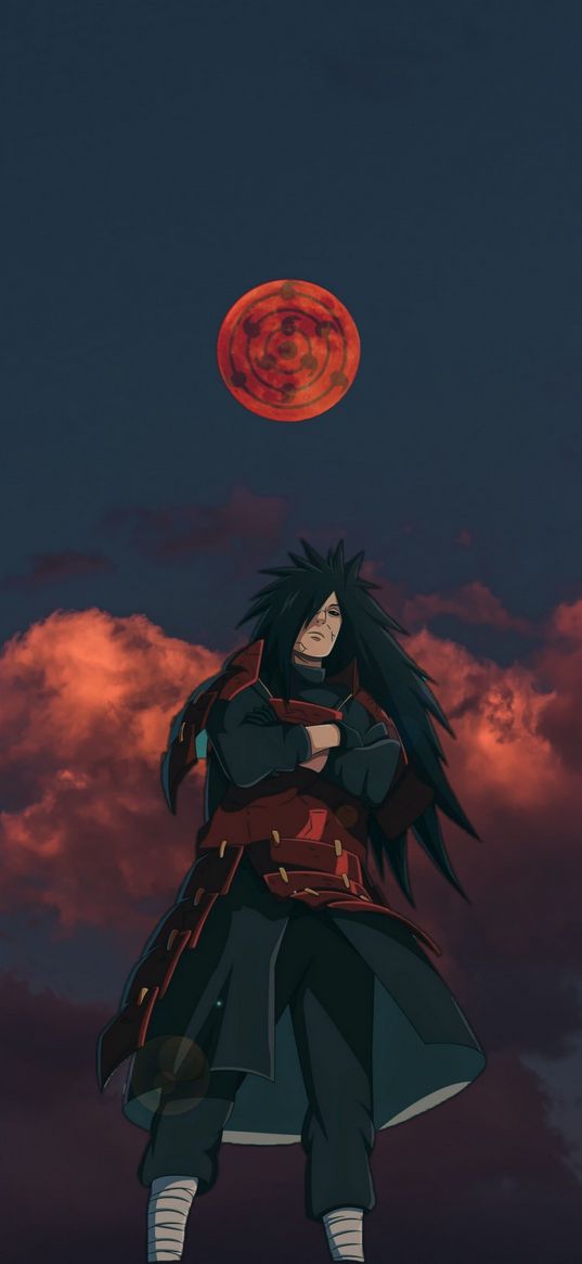 madara, uchiha madara, naruto, anime, sharingan, warrior, clouds, sunset, art