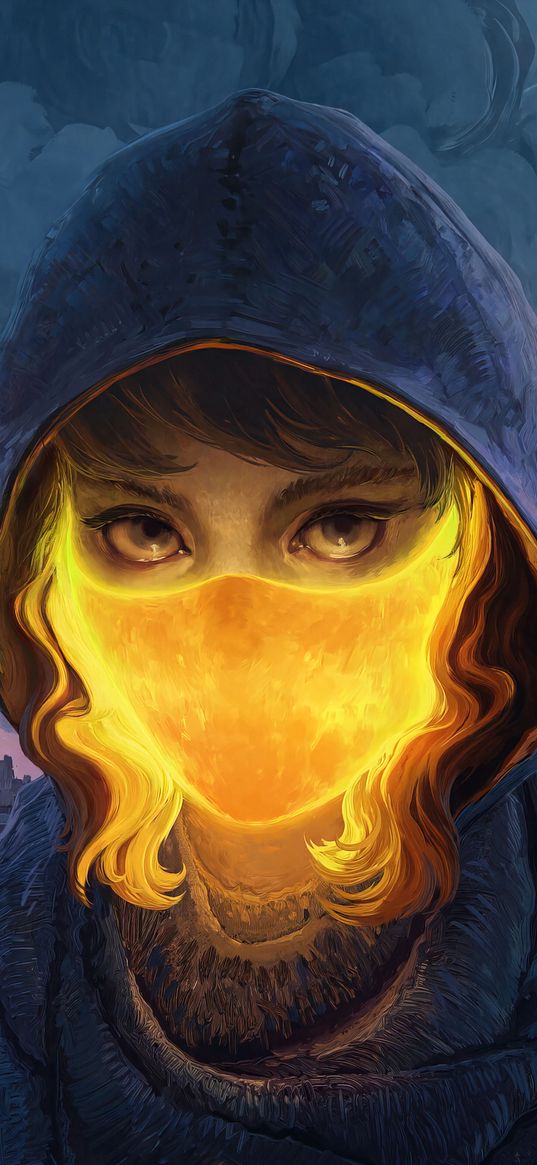 mask, girl, girl with fire mask, digital art, glowing