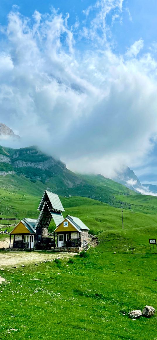 azerbaijan, village, nature, green, mountain, sky, clouds, home, blue