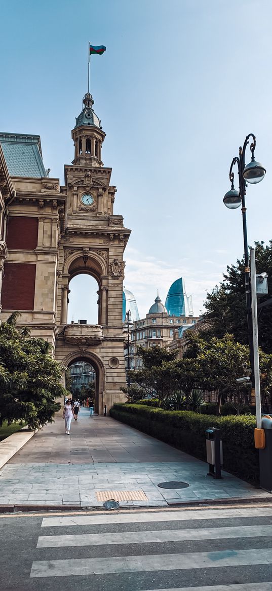 azerbaijan, baku, city, street, building, trees