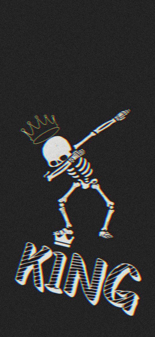 skeleton, crown, inscription, king, dark background