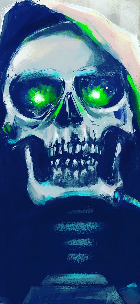 skeleton, skull, green eyes, hood