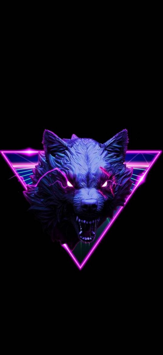 wolf, neon, triangle, purple, black background