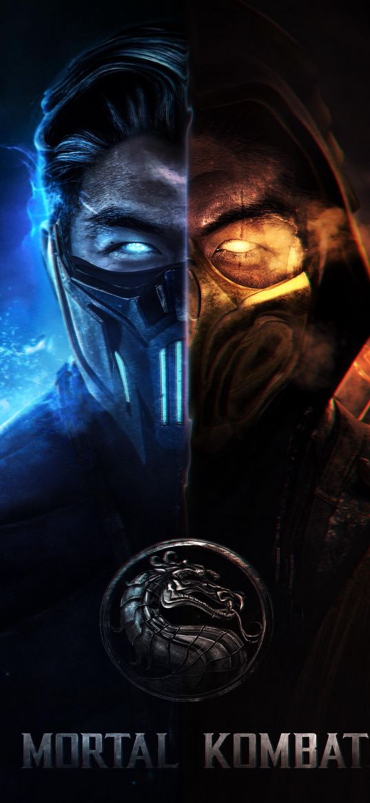 mortal kombat, sub-zero, scorpion, warriors, ninja, dragon, logo, poster, blue, yellow