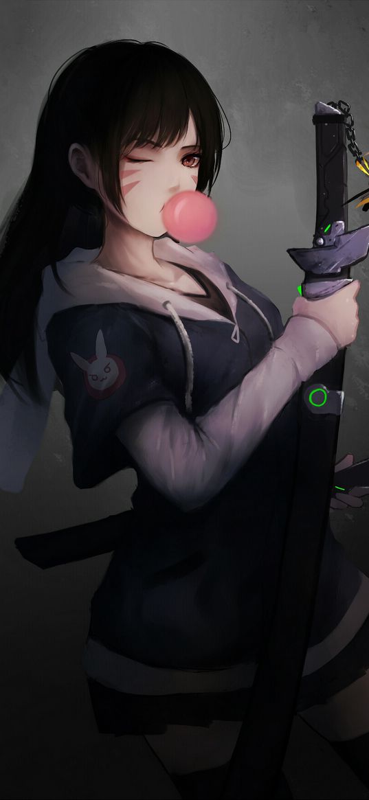 dva, overwatch, video game, girl, gum, sword, art, anime