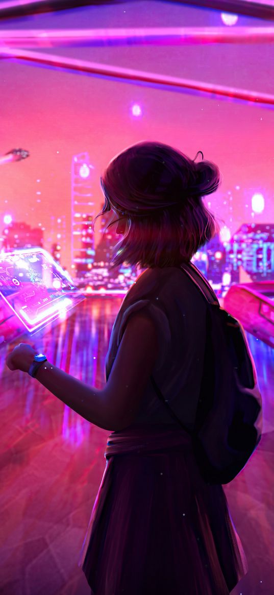 girl, tablet, bridge, neon, future, art