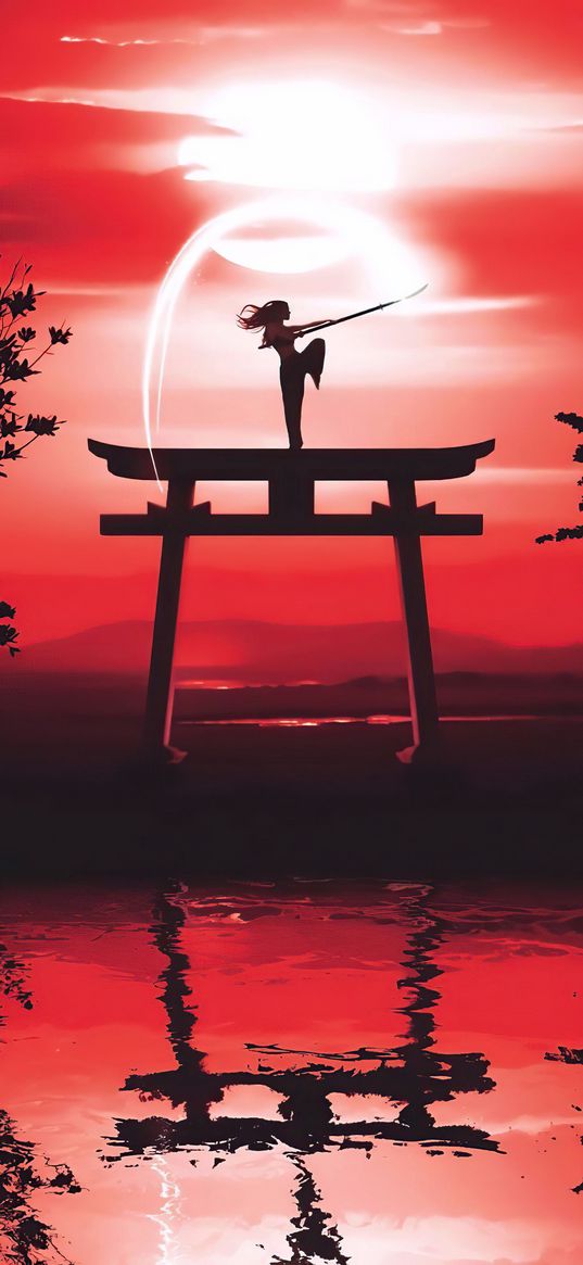 girl, warrior, silhouette, spear, torii, gate, lake, sun, sunset, red, art