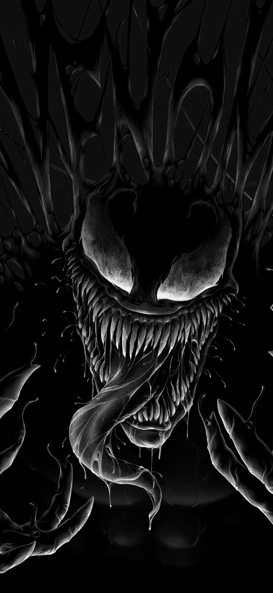 venom black and white, tongue, fangs, symbiote